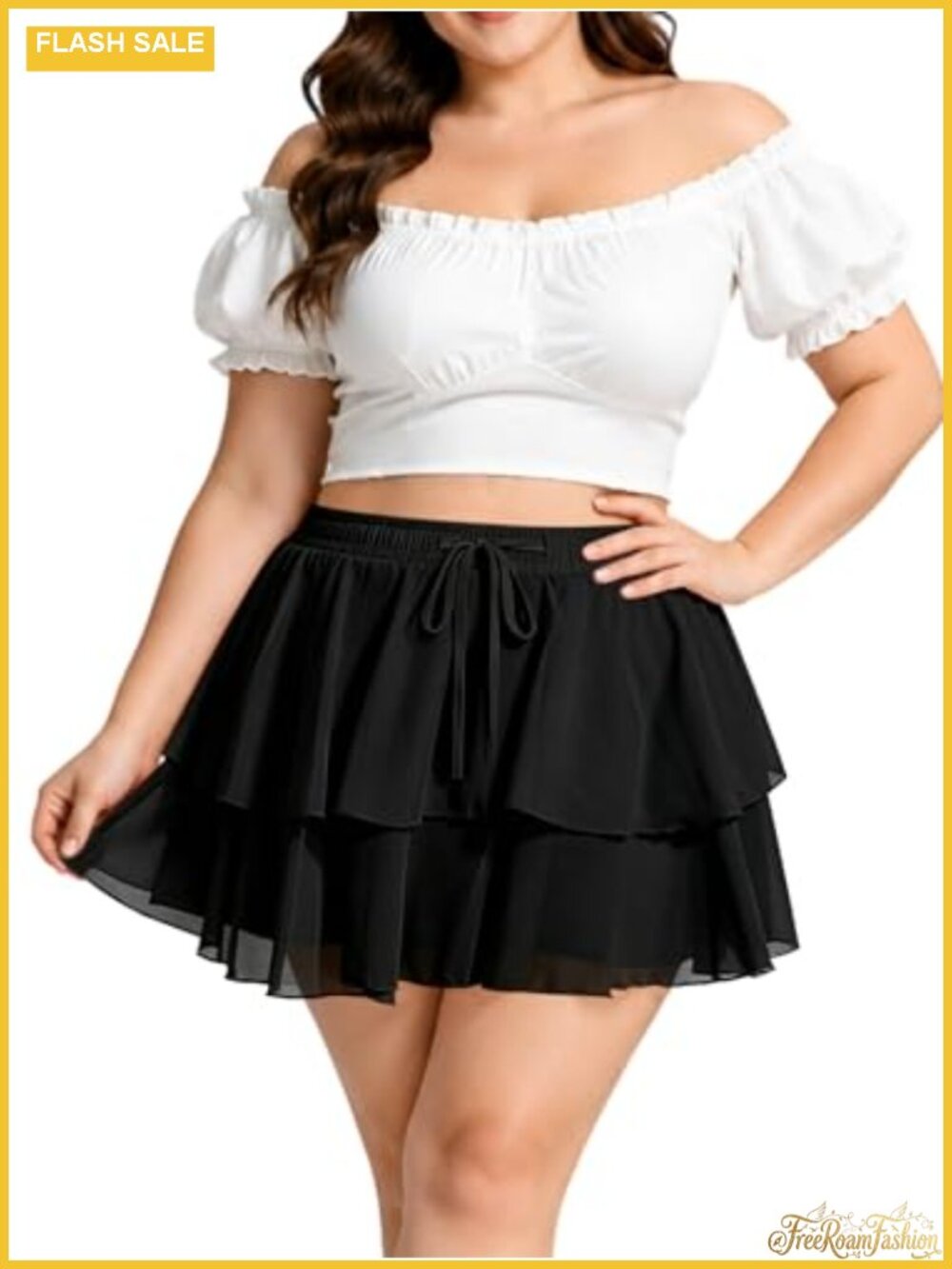 Plus Size Ruffle Mini Skirt High Waist Tiered Chiffon Skort